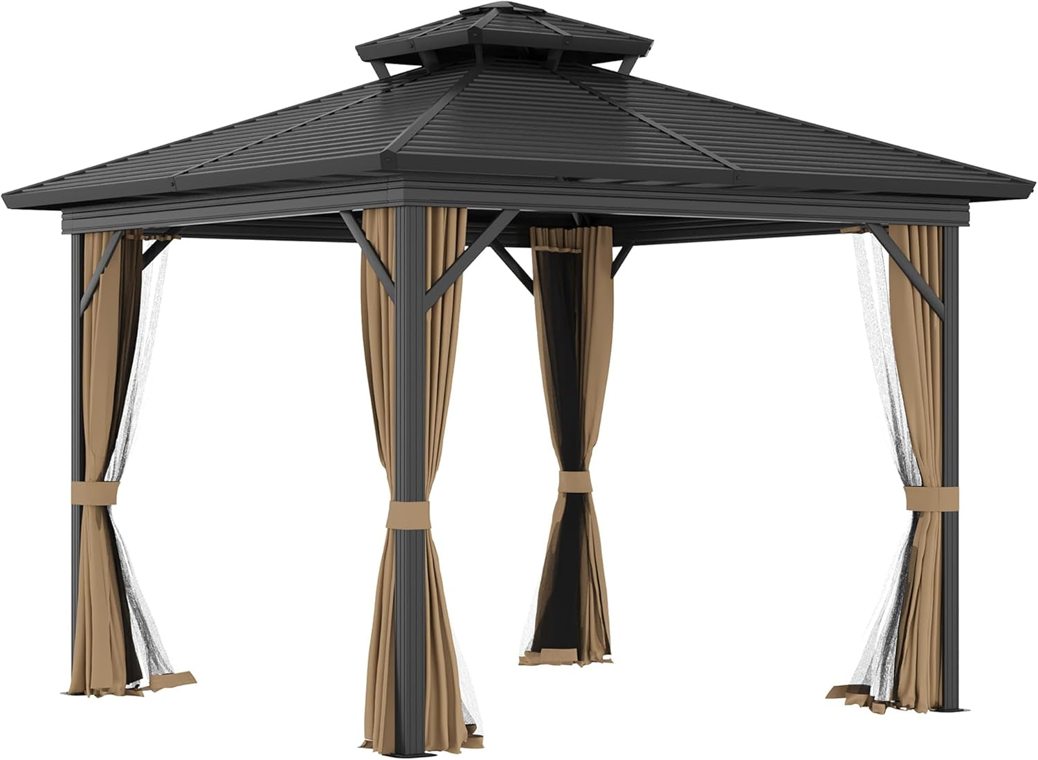 10' X 10' Hardtop Gazebo with Curtains and Netting, Permanent Pavilion Metal Double Roof Gazebo Canopy with Aluminum Frame and Hooks, for Garden, Patio, Backyard, Dark Brown