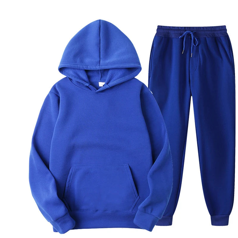 New Men Women Tracksuit Hoodies Casual Solid Color Thick Pullover and Long Pant 2-Piece Set Men Autumn Fleece Jogger Sports Suit