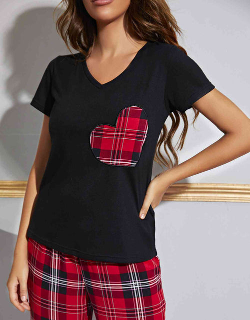 Load image into Gallery viewer, Heart Graphic V-Neck Top and Plaid Pants Lounge Set
