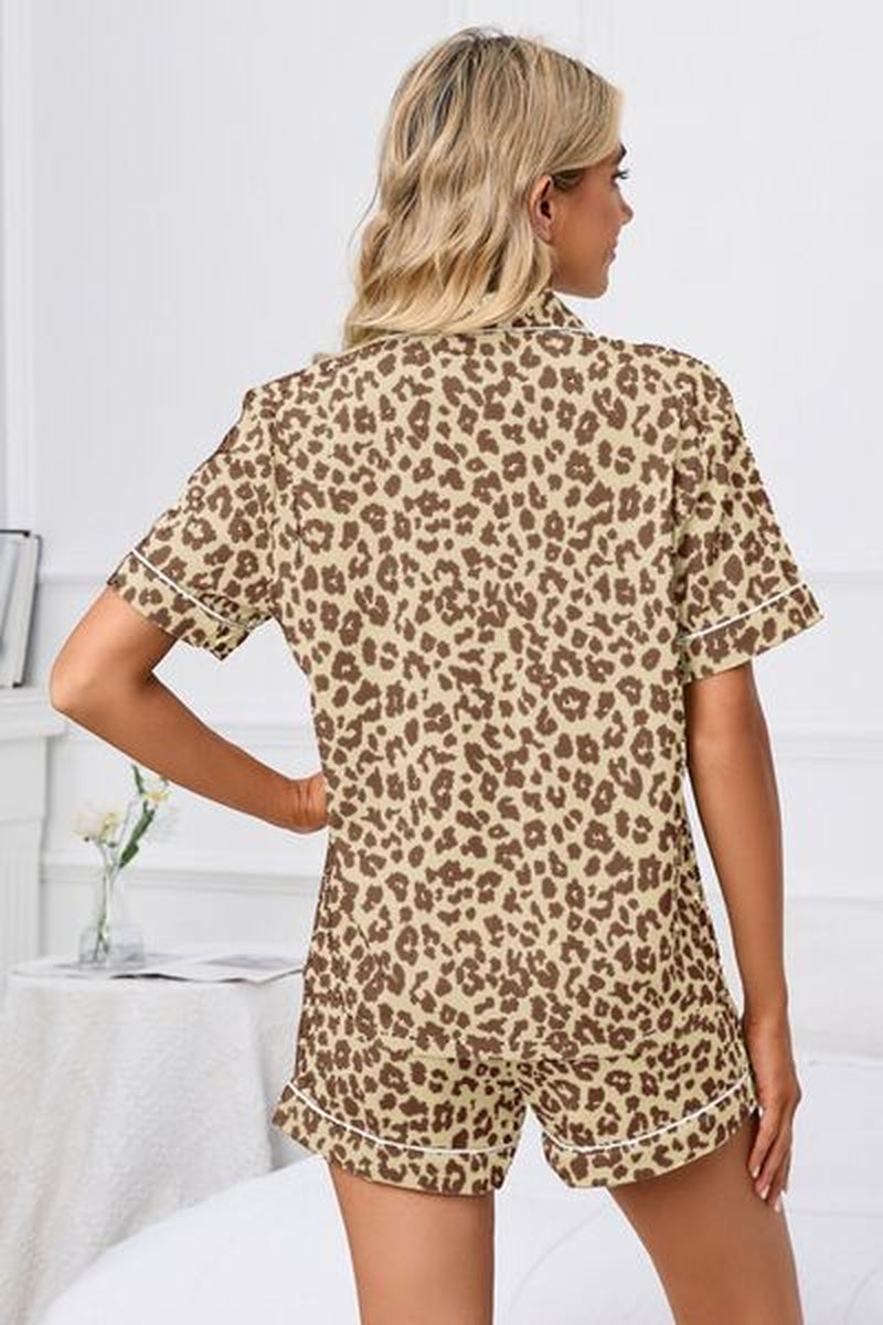 Full Size Leopard Short Sleeve Top and Shorts Lounge Set plus Size