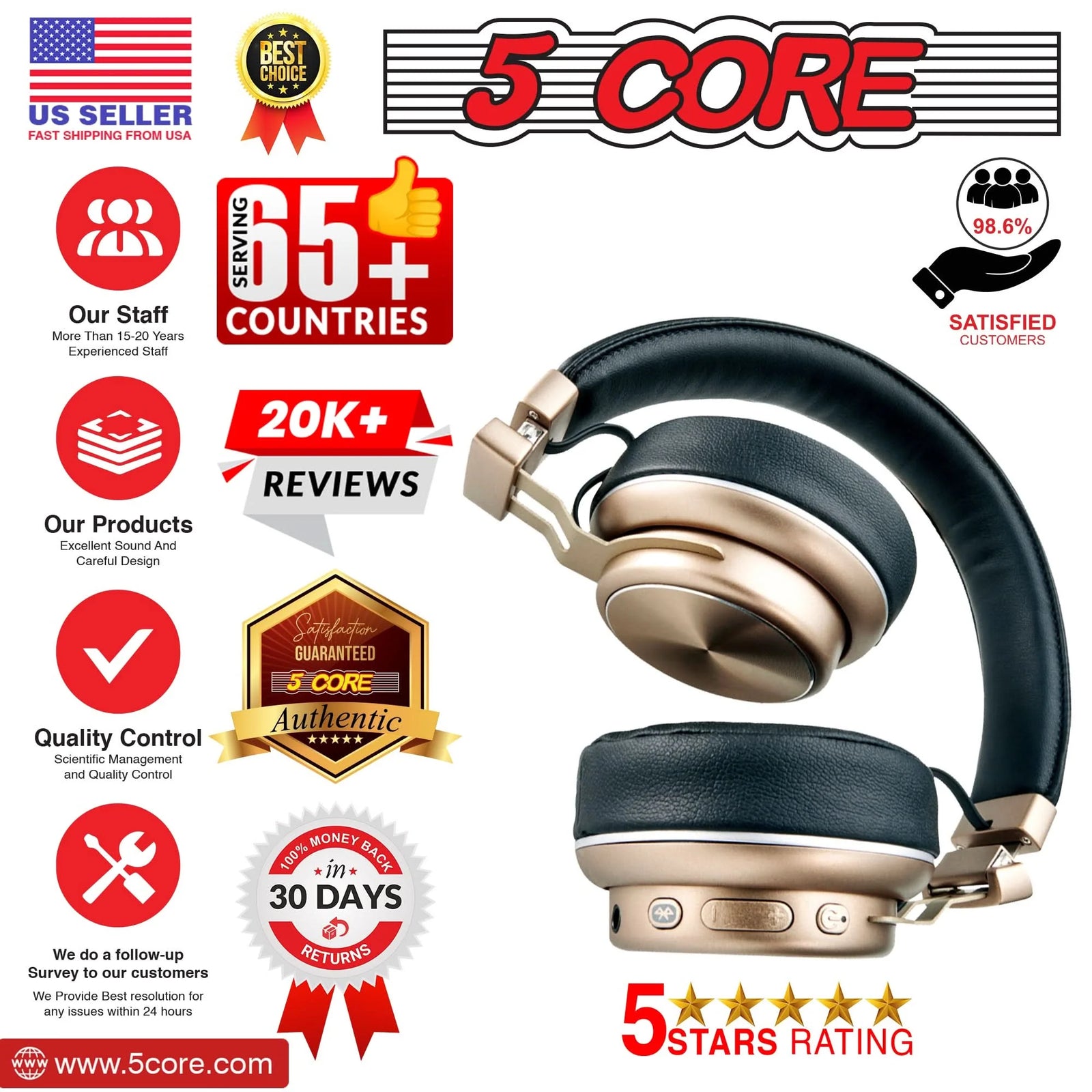 5 CORE Bluetooth Headphones over Ear Noise Cancelling Headset Stereo Headphone with Padded Ear Cups + Adjustable Headband HEADPHONE 13 G