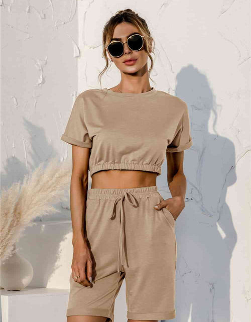 Load image into Gallery viewer, Short Sleeve Cropped Top and Drawstring Shorts Lounge Set
