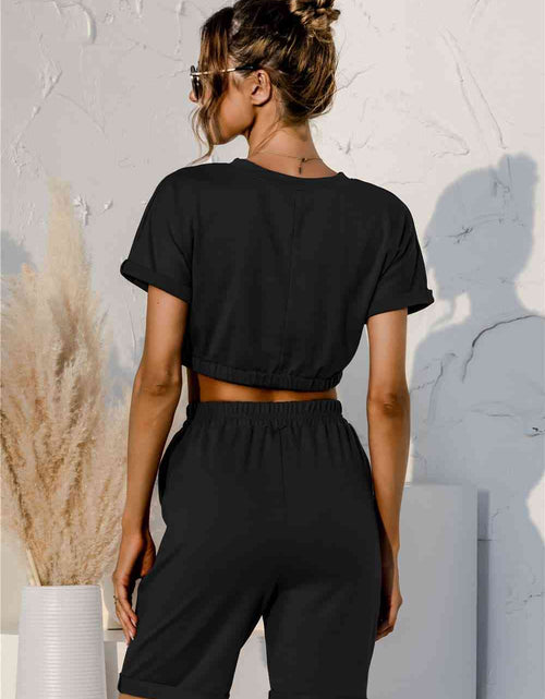 Load image into Gallery viewer, Short Sleeve Cropped Top and Drawstring Shorts Lounge Set
