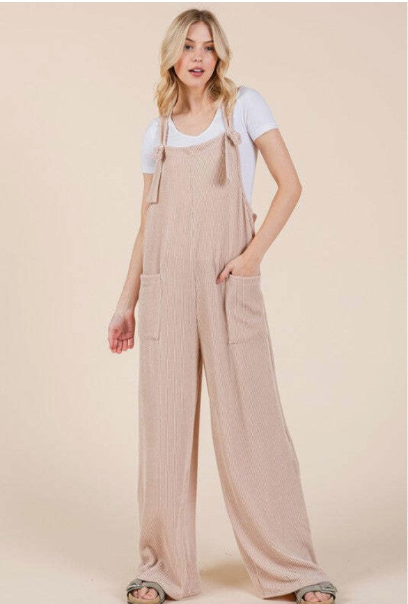 BOMBOM Knot Straps Wide Leg Ribbed Overalls with Pockets