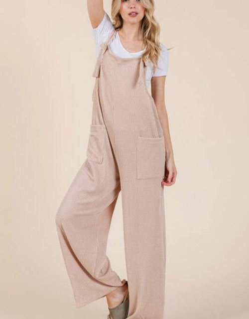 Load image into Gallery viewer, BOMBOM Knot Straps Wide Leg Ribbed Overalls with Pockets
