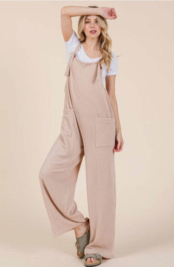 BOMBOM Knot Straps Wide Leg Ribbed Overalls with Pockets