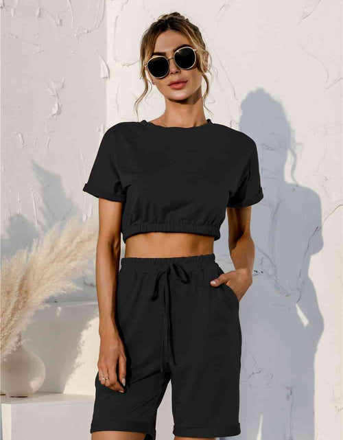 Load image into Gallery viewer, Short Sleeve Cropped Top and Drawstring Shorts Lounge Set
