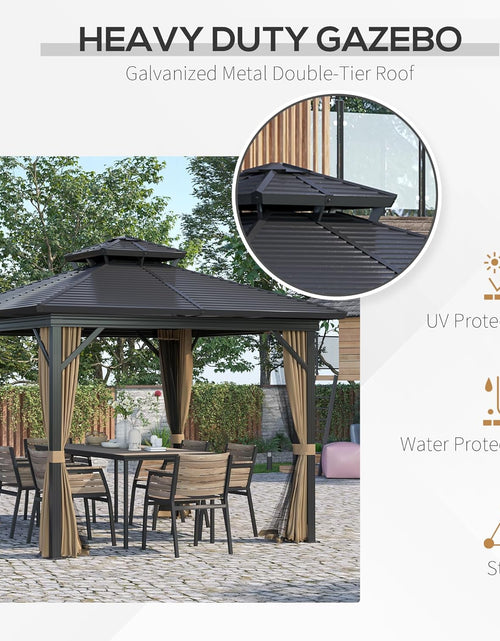 Load image into Gallery viewer, 10&#39; X 10&#39; Hardtop Gazebo with Curtains and Netting, Permanent Pavilion Metal Double Roof Gazebo Canopy with Aluminum Frame and Hooks, for Garden, Patio, Backyard, Dark Brown
