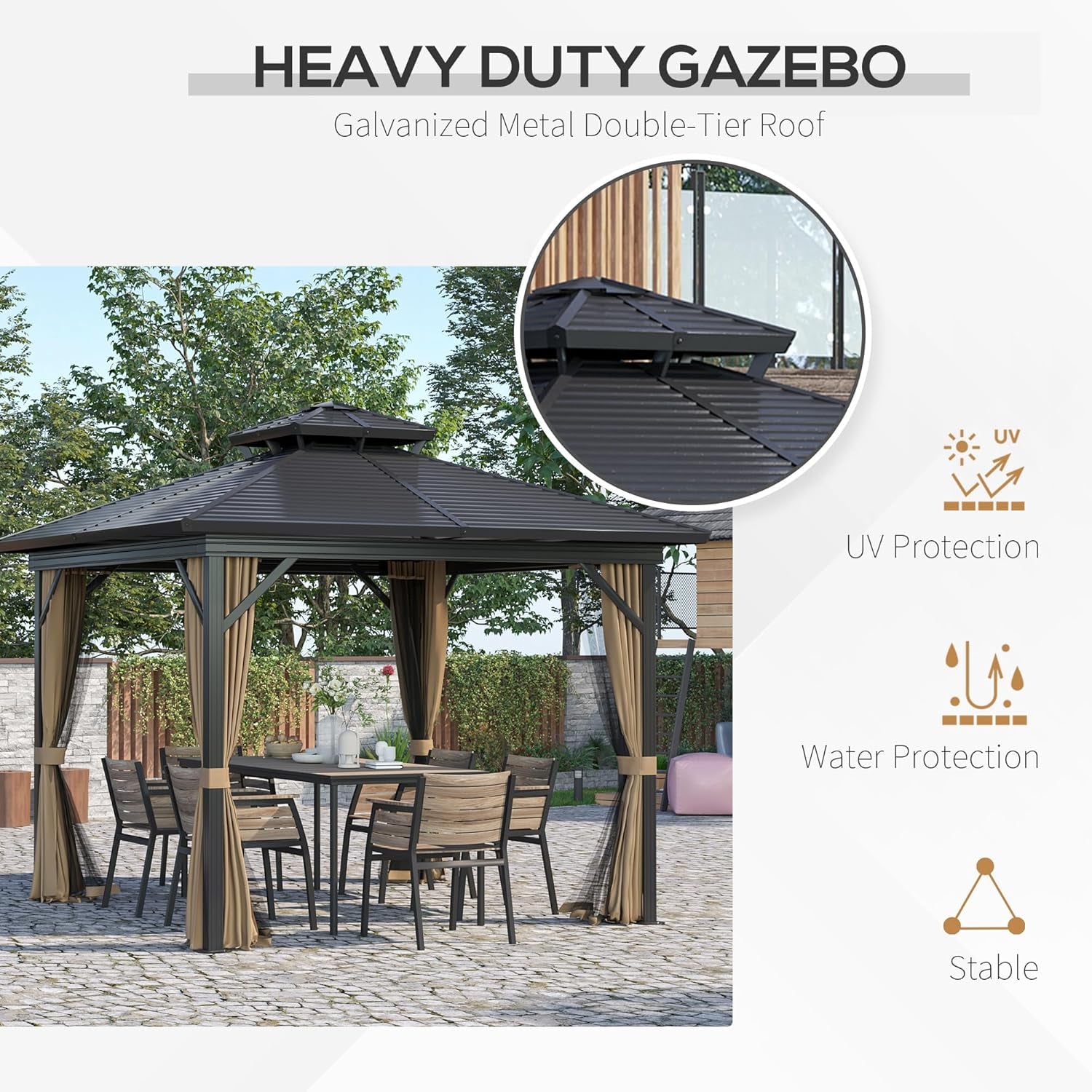 10' X 10' Hardtop Gazebo with Curtains and Netting, Permanent Pavilion Metal Double Roof Gazebo Canopy with Aluminum Frame and Hooks, for Garden, Patio, Backyard, Dark Brown