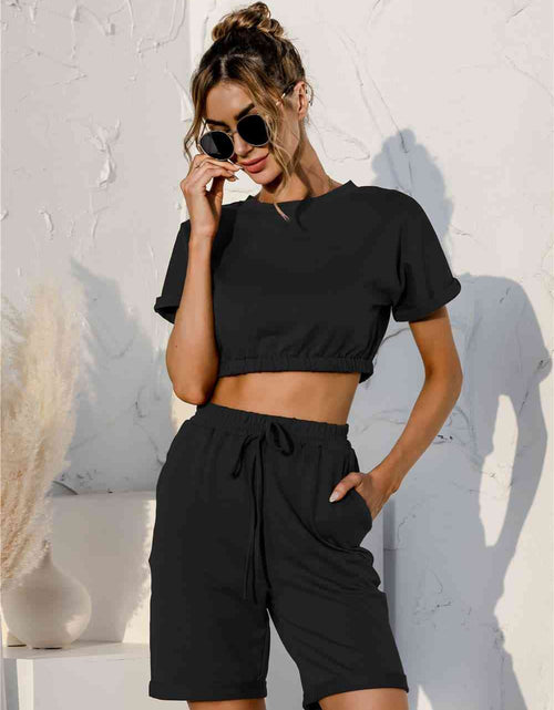 Load image into Gallery viewer, Short Sleeve Cropped Top and Drawstring Shorts Lounge Set
