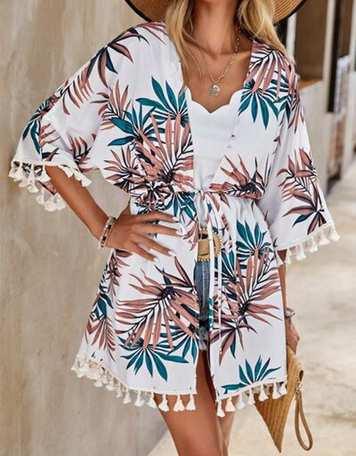 Load image into Gallery viewer, Tassel Half Sleeve Cover up - Printed Half Sleeve Cover up with Tassels
