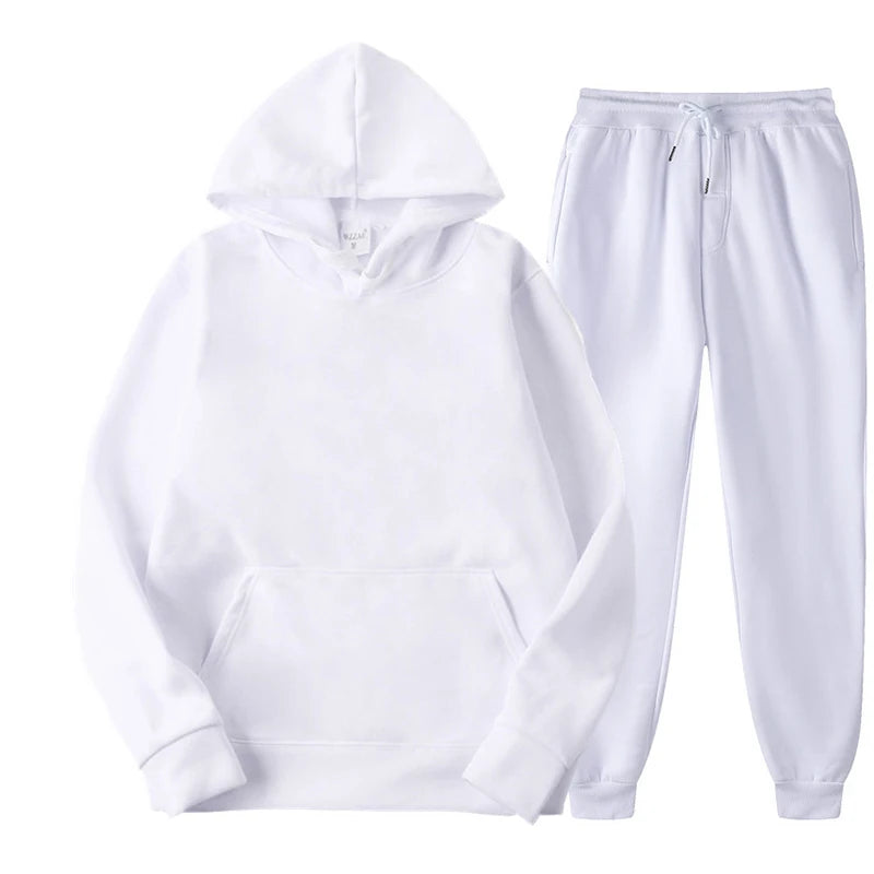 New Men Women Tracksuit Hoodies Casual Solid Color Thick Pullover and Long Pant 2-Piece Set Men Autumn Fleece Jogger Sports Suit