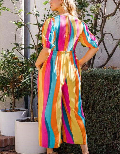 Load image into Gallery viewer, ODDI Striped Puff Sleeve Jumpsuit - Full Size Wide Leg Design
