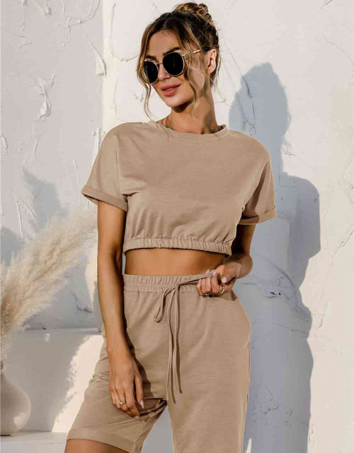 Load image into Gallery viewer, Short Sleeve Cropped Top and Drawstring Shorts Lounge Set
